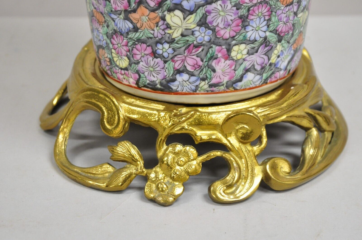 Vintage Japanese Porcelain Ginger Jar Flower Painted Table Lamp w/ Bronze Mounts