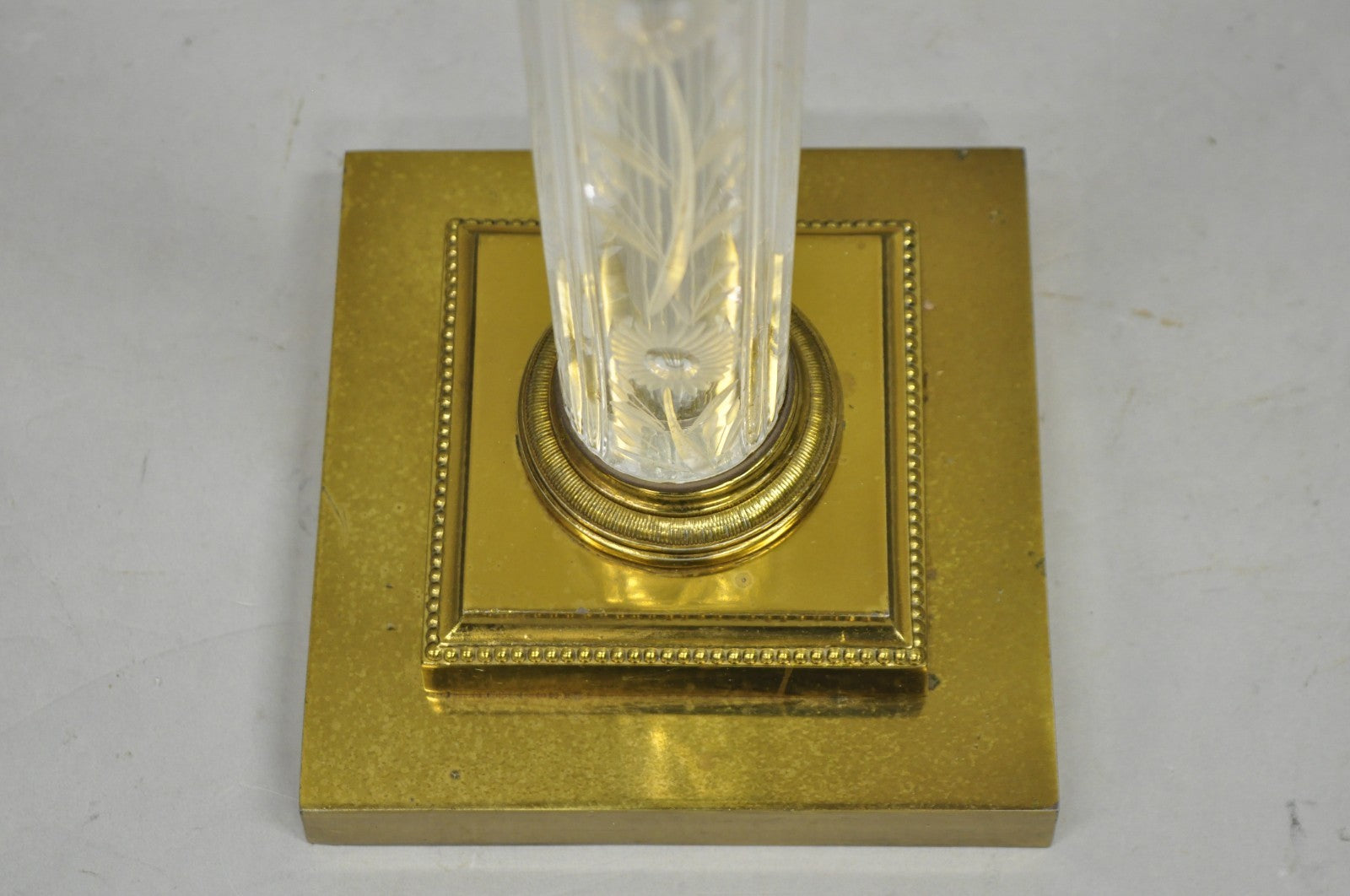 Vintage Neoclassical Style Floral Etched Glass Column Brass Reading Floor Lamp