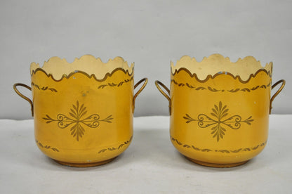 Vintage French Country Tole Metal Yellow Painted Cachepot Planter Vase - a Pair