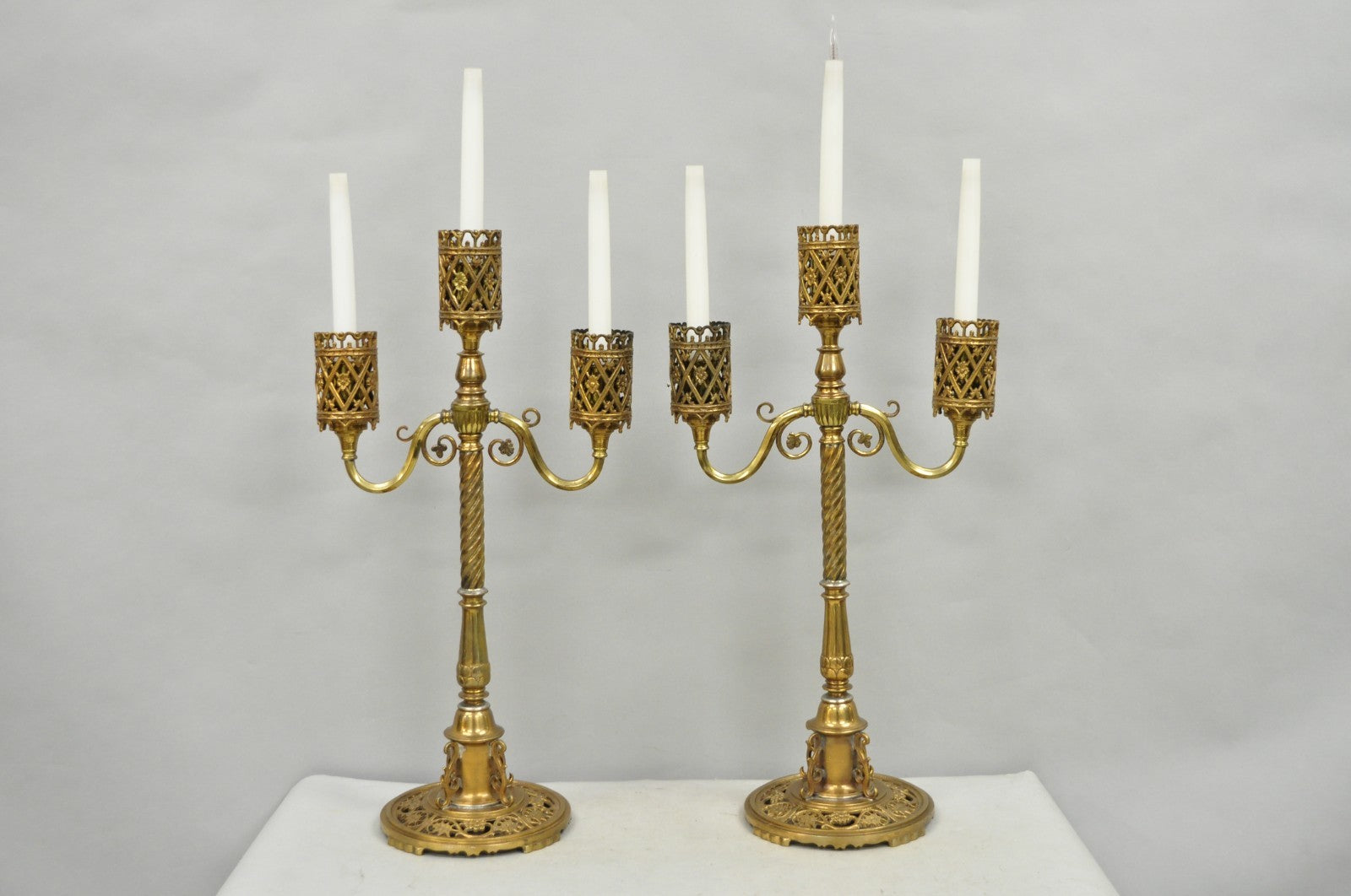 Oscar Bach French Renaissance Gothic Brass 3 Arm Candelabra Table Lamps - a Pair