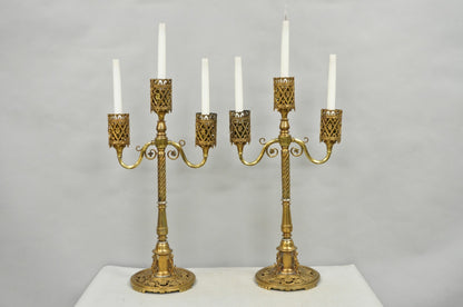 Oscar Bach French Renaissance Gothic Brass 3 Arm Candelabra Table Lamps - a Pair