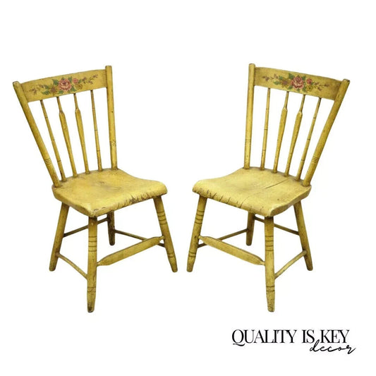 Frederick Loeser & Co Yellow Primitive Hitchcock Style Side Chairs - Pair (B)