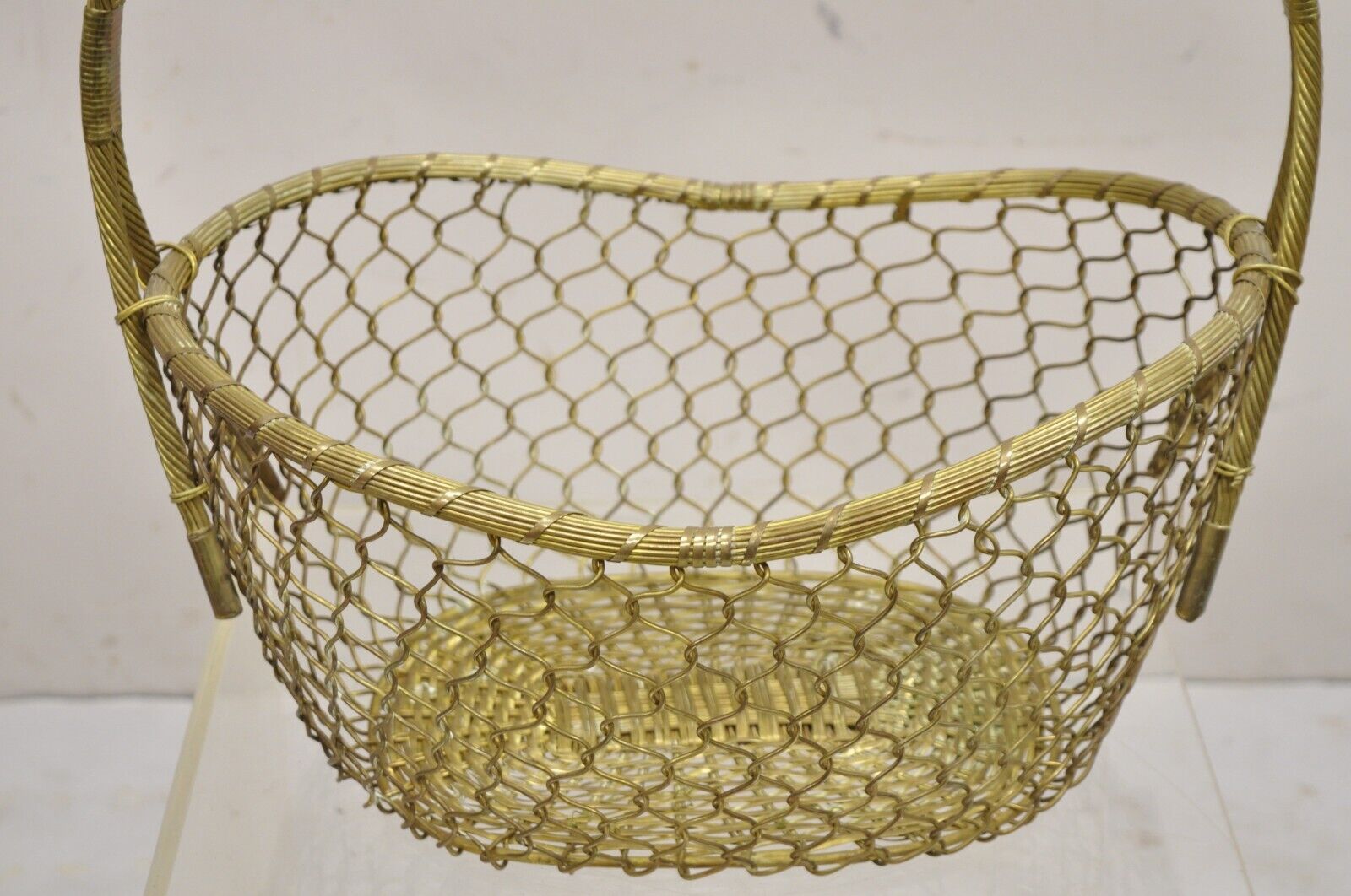 Vintage Solid Brass Wire Metal Hollywood Regency Hand Woven Basket With Handle