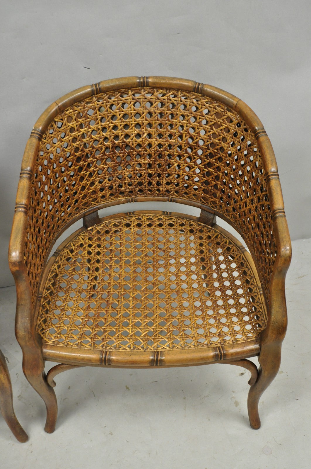 Vintage Hollywood Regency Faux Bamboo Wood & Cane Barrel Back Lounge Chair, Pair