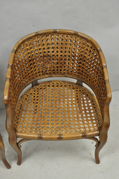 Vintage Hollywood Regency Faux Bamboo Wood & Cane Barrel Back Lounge Chair, Pair