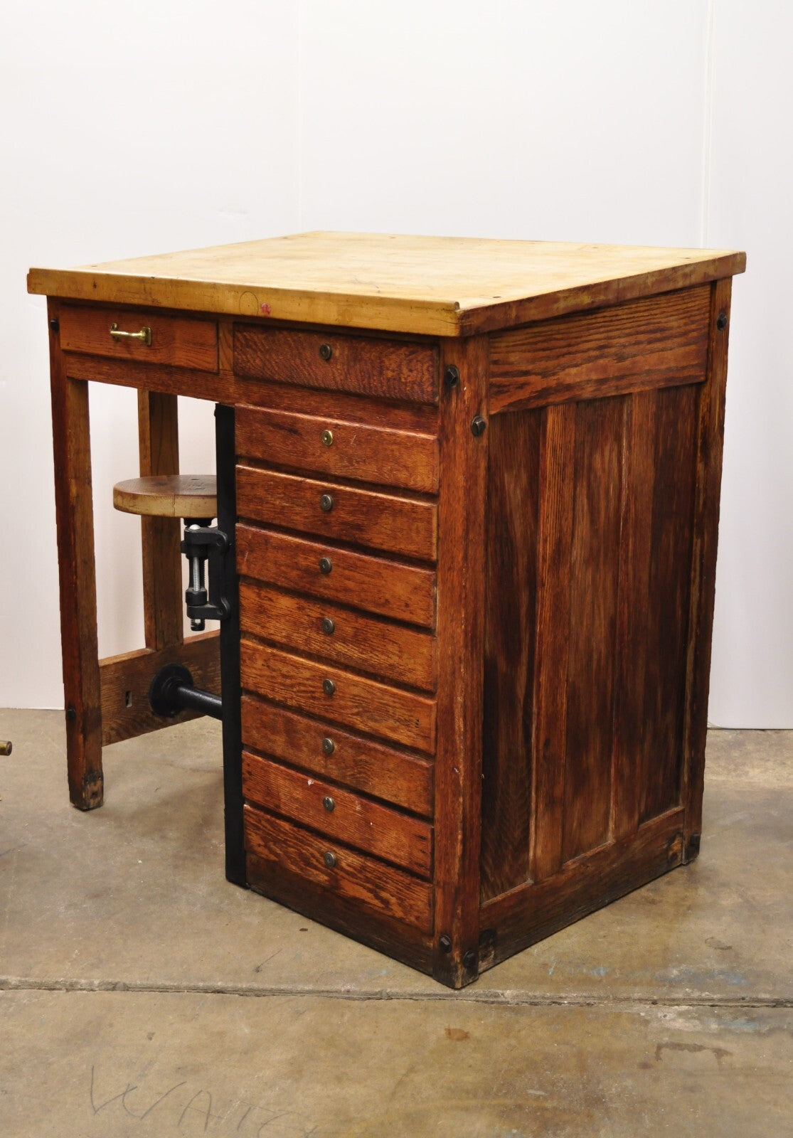 Antique Arts & Crafts Oak Jewelers Workbench Desk Drafting Table w/ Swivel Stool