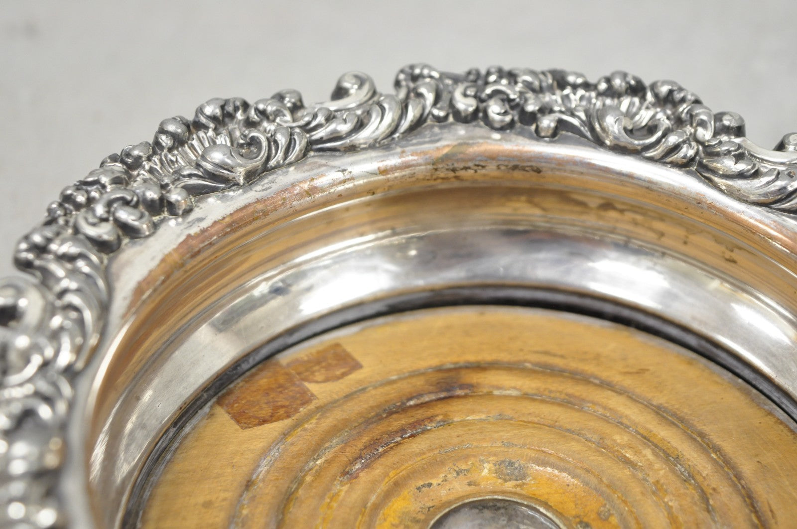 Antique English Victorian Silver Plated Floral Mahogany Bar Wine Bottle Coaster