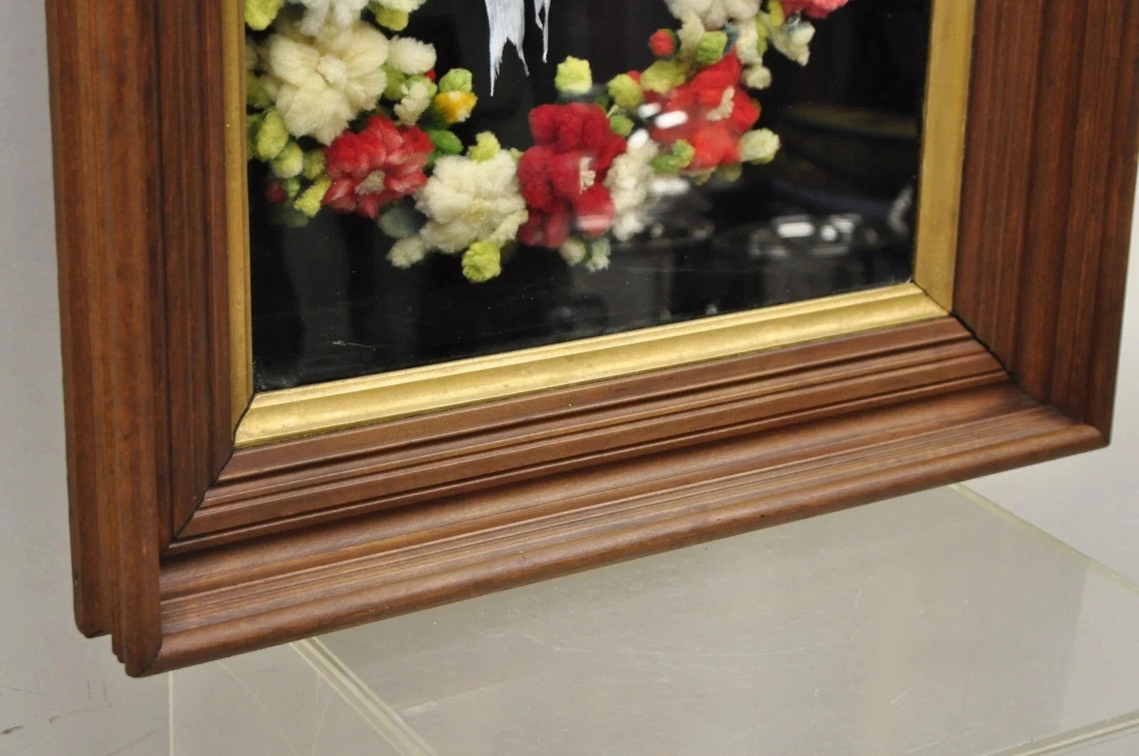 Victorian Mahogany Deep Shadow Box Frame Felt Cotton Mourning Wreath Wall Art