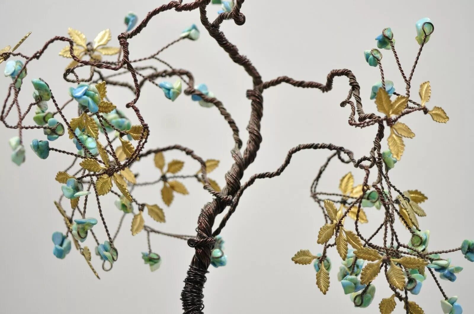 Brutalist Modern Copper Wire 14" Bonsai Tree Brass Leaves Stone Fruit Sculpture