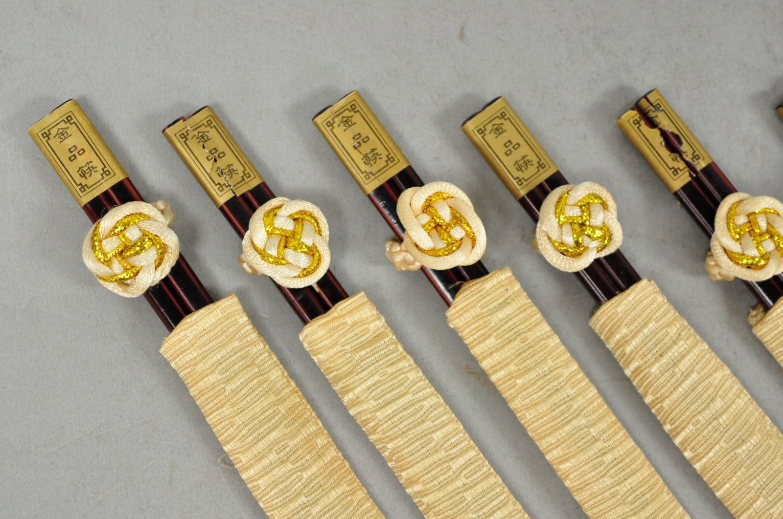 Vintage Japanese Oriental Chopsticks in Custom Silk Gold Sleeves - 6 Pc Set