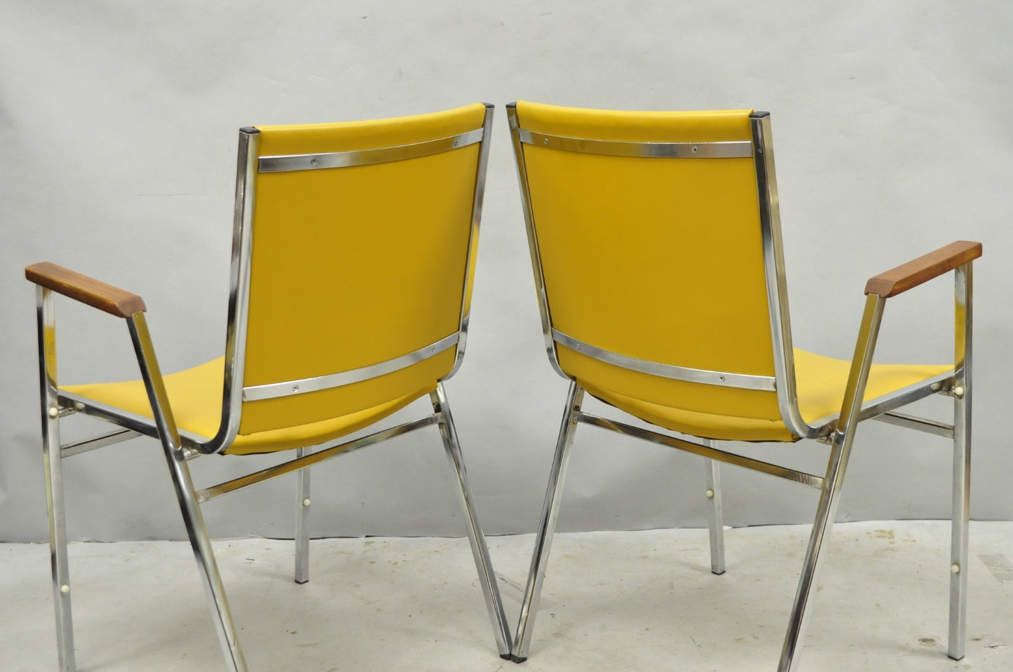 Vintage Nightingale Mid Century Modern Chrome & Yellow Vinyl Stacking Chair Pair