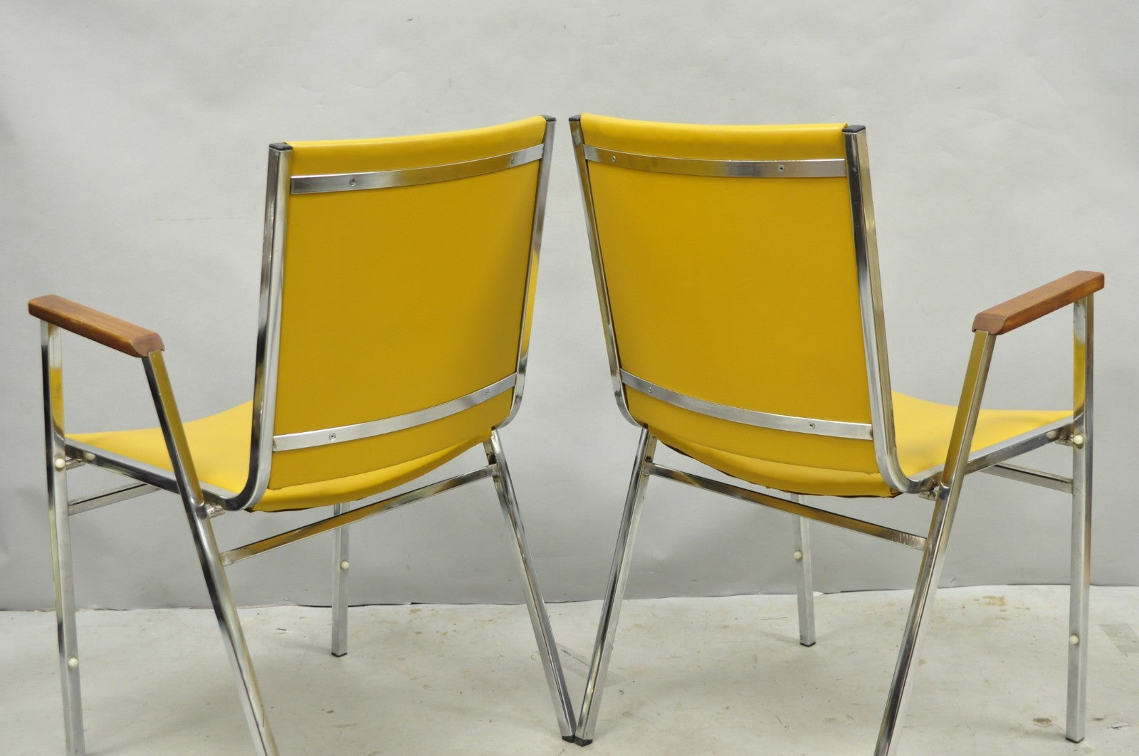 Vintage Nightingale Mid Century Modern Chrome & Yellow Vinyl Stacking Chair Pair