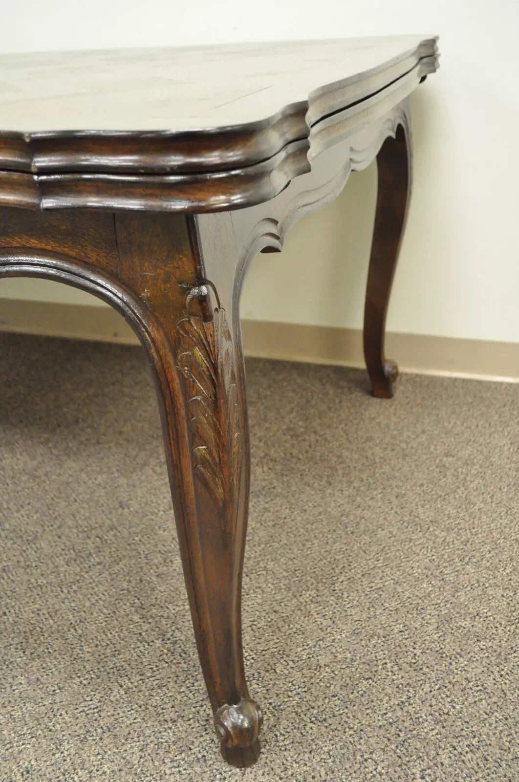 Vintage French Country Oak Parquetry Inlay Refectory Extension Leaf Dining Table