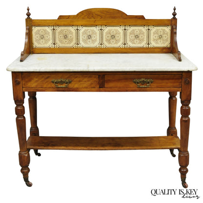 Antique Victorian Walnut Marble Top Washstand Good Luck Swastika Tile Backsplash