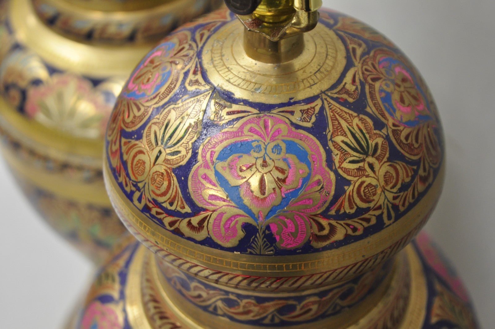 Vintage Brass & Cloisonné Enamel Pink & Blue Jardiniere Urn Table Lamps - Pair