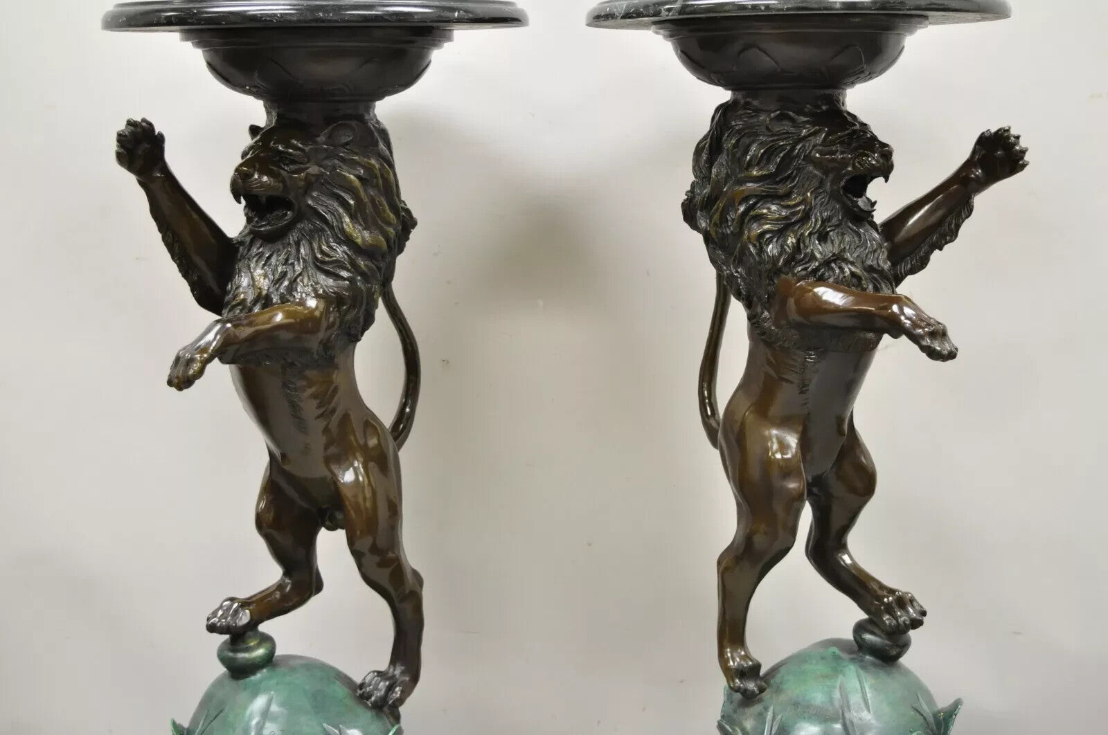 Regency Style Bronze Lion Figure Marble Top Pedestal Table after P.J Mene, Pair