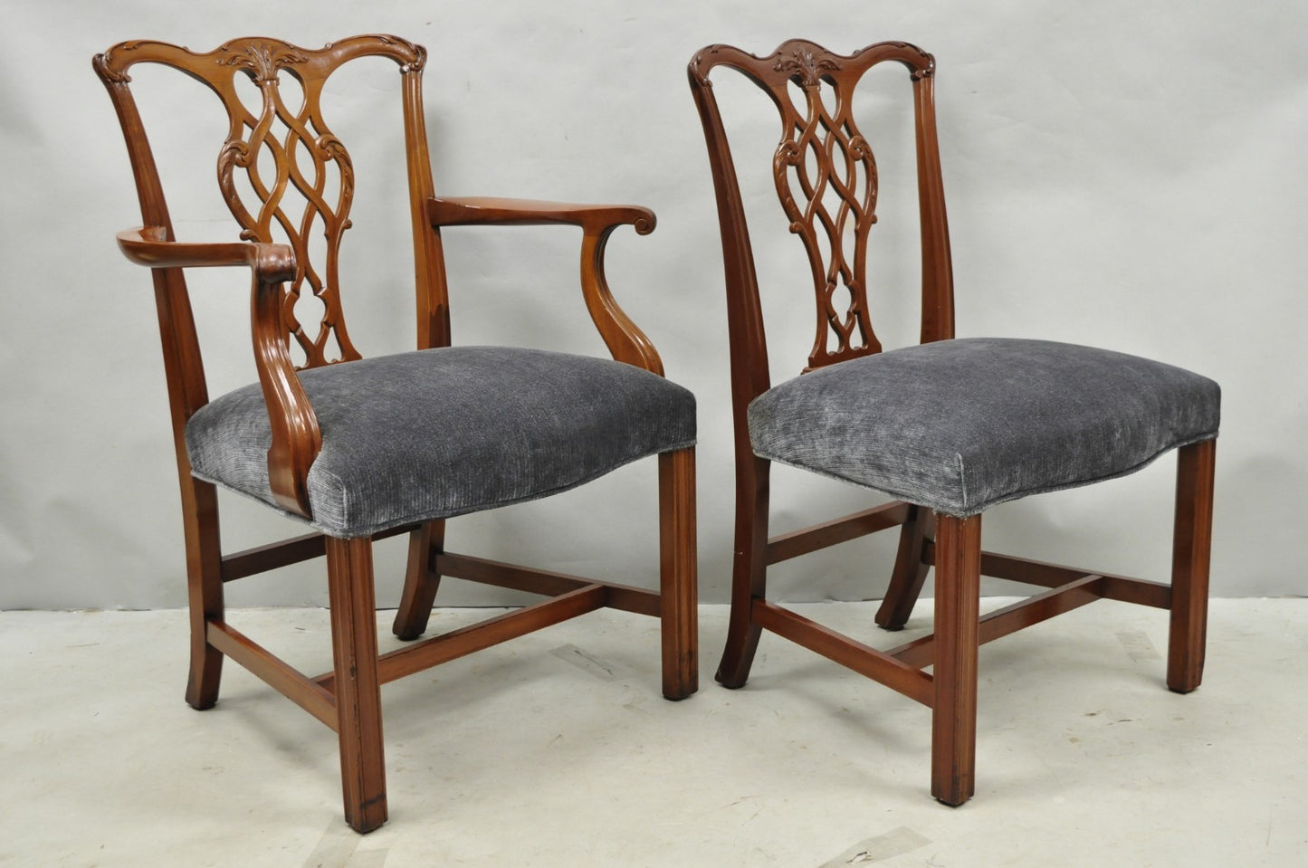 Antique Chippendale Style Mahogany Carved Fretwork Dining Chairs - Set of 10