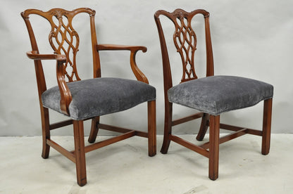 Antique Chippendale Style Mahogany Carved Fretwork Dining Chairs - Set of 10