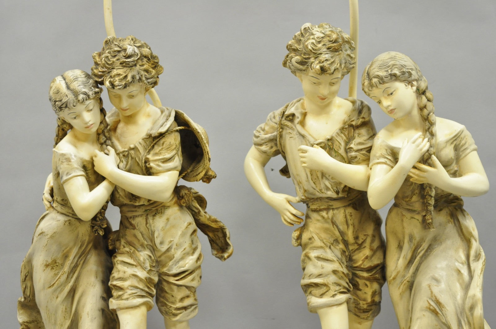 Antique L&F Moreau French Renaissance Large Figural Boy and Girl Table Lamp Pair