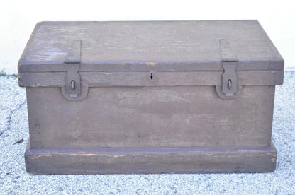 Antique English Campaign Brown Painted Wooden Military Blanket Chest Trunk