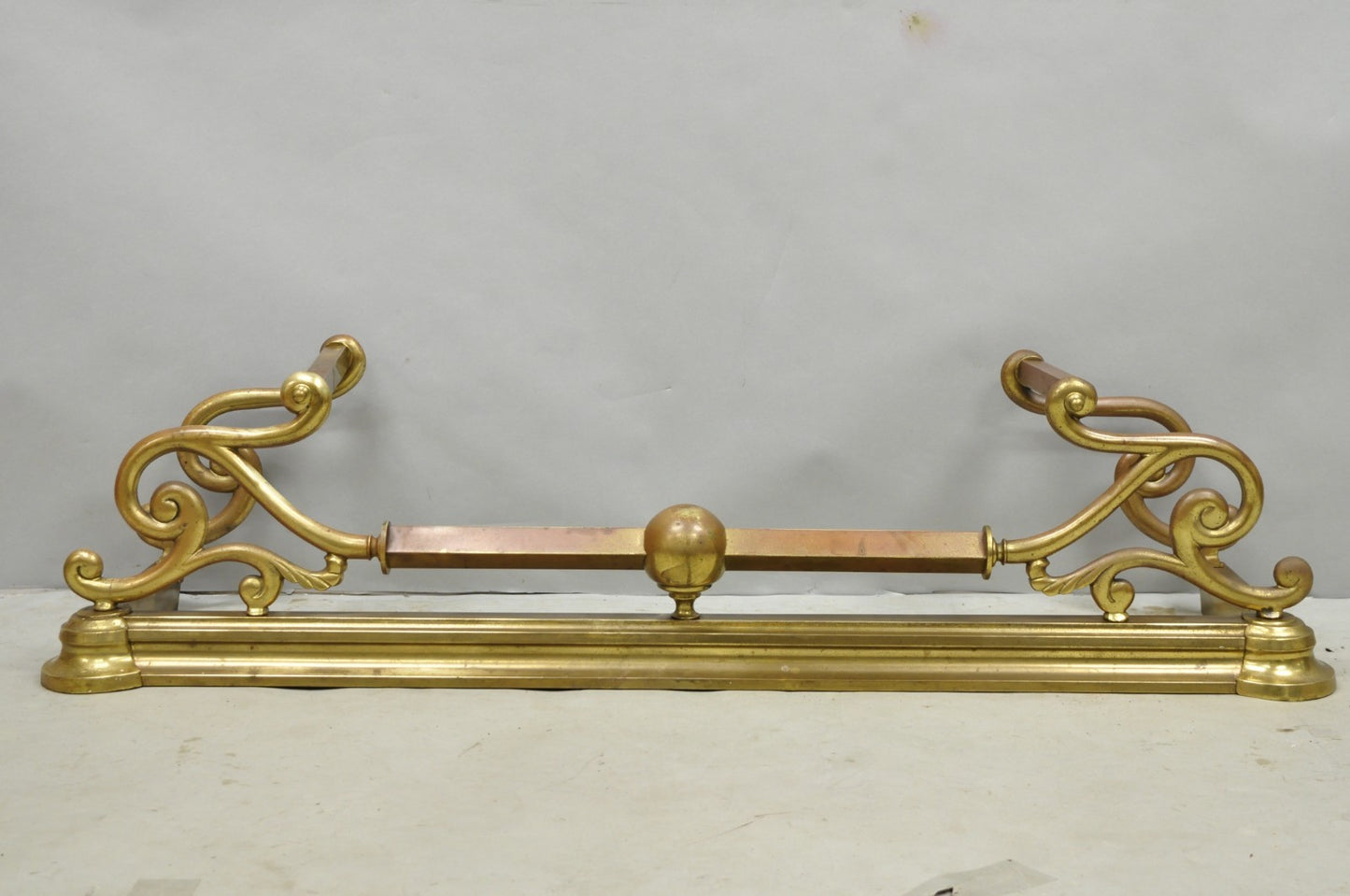 Antique Victorian Art Nouveau Patinated Brass Scrolling 51" Fireplace Fender