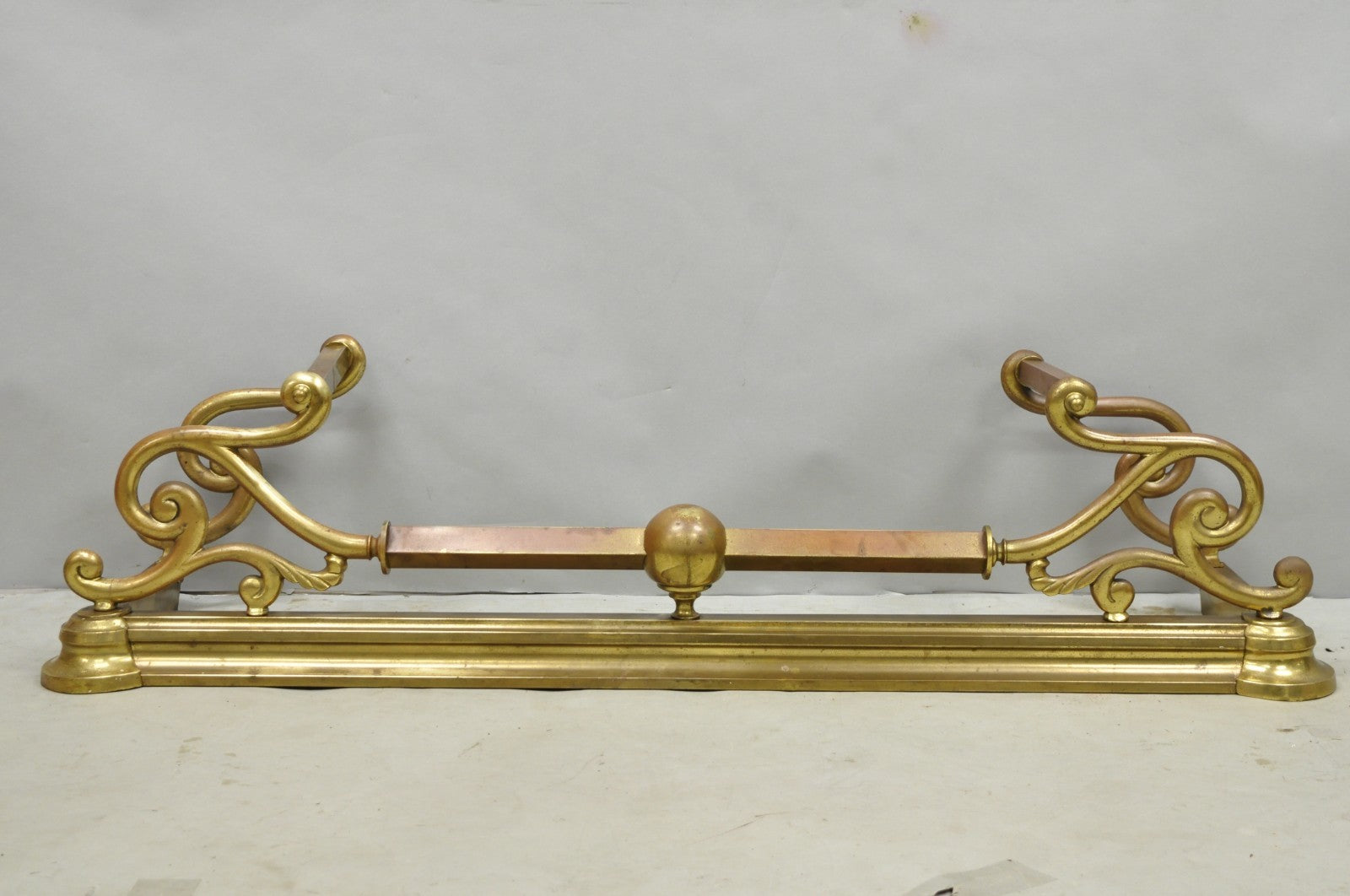 Antique Victorian Art Nouveau Patinated Brass Scrolling 51" Fireplace Fender
