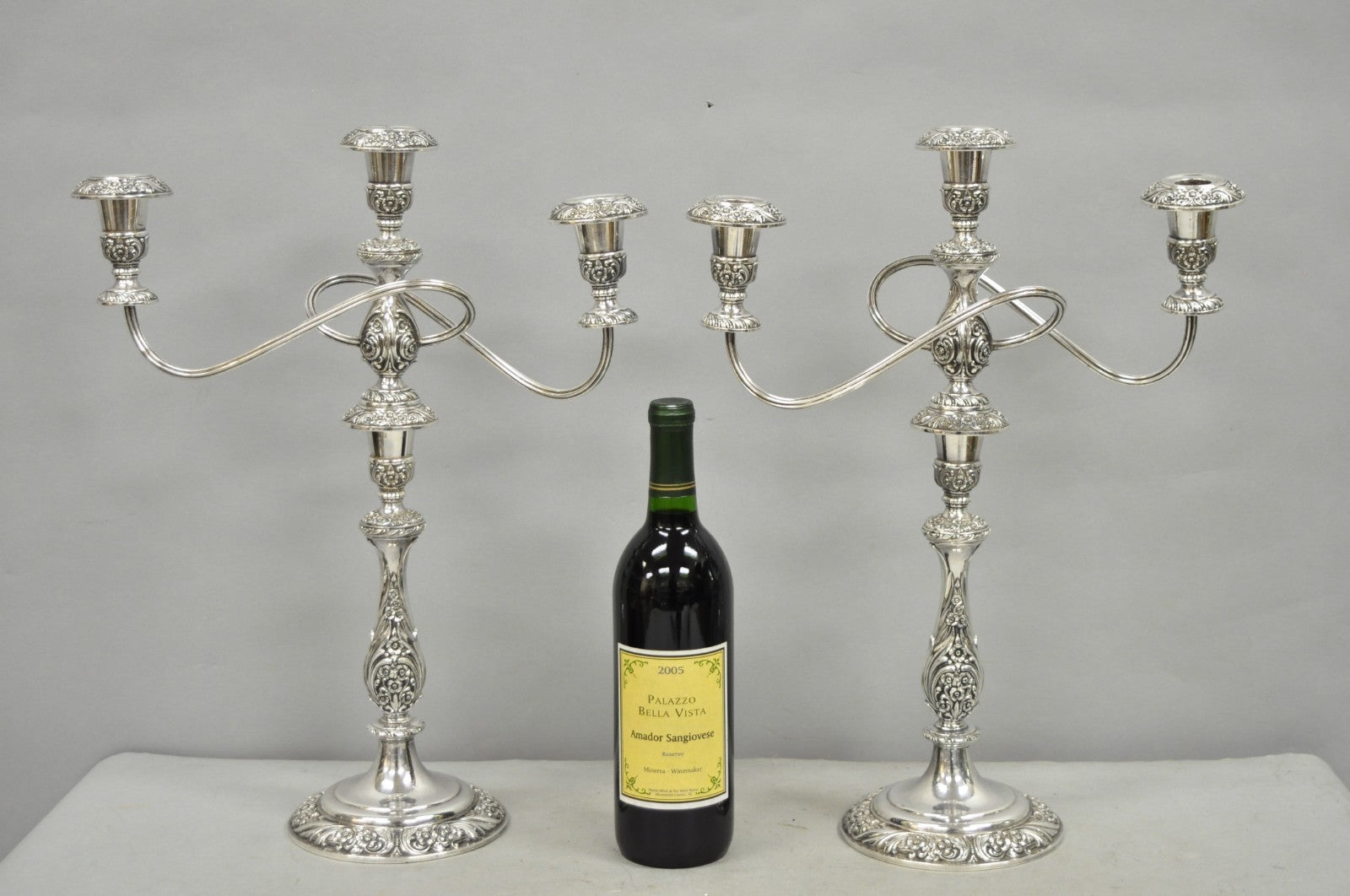 Heritage 1847 Rogers Bros 9416 Silver Plated 3 Arm Ornate Candelabra - a Pair