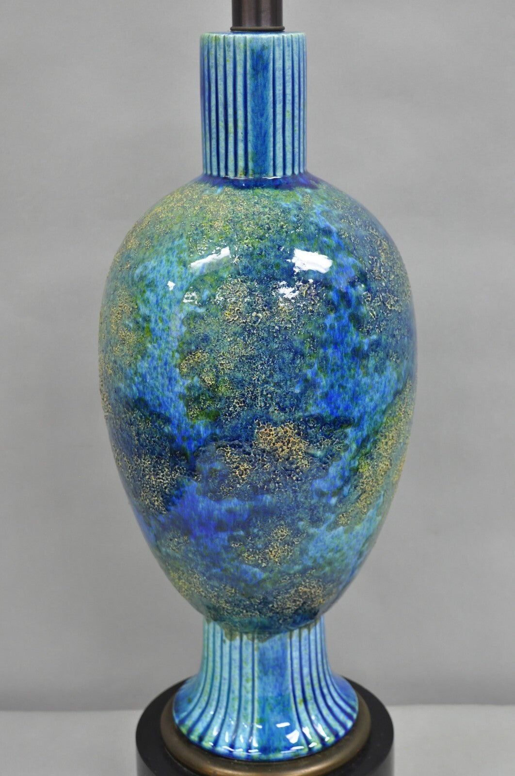 Vintage Mid Century Italian Modern Blue Glazed Ceramic Pottery Tall Table Lamp