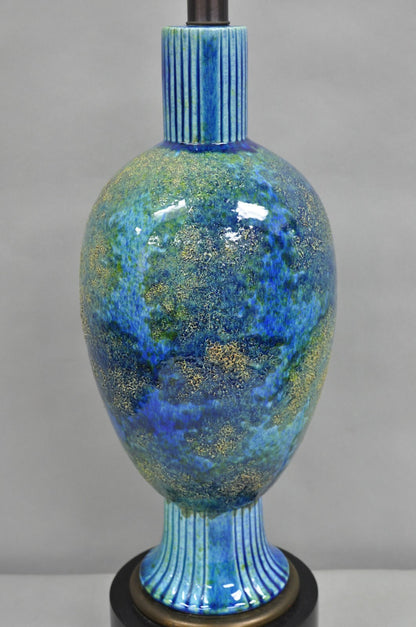 Vintage Mid Century Italian Modern Blue Glazed Ceramic Pottery Tall Table Lamp
