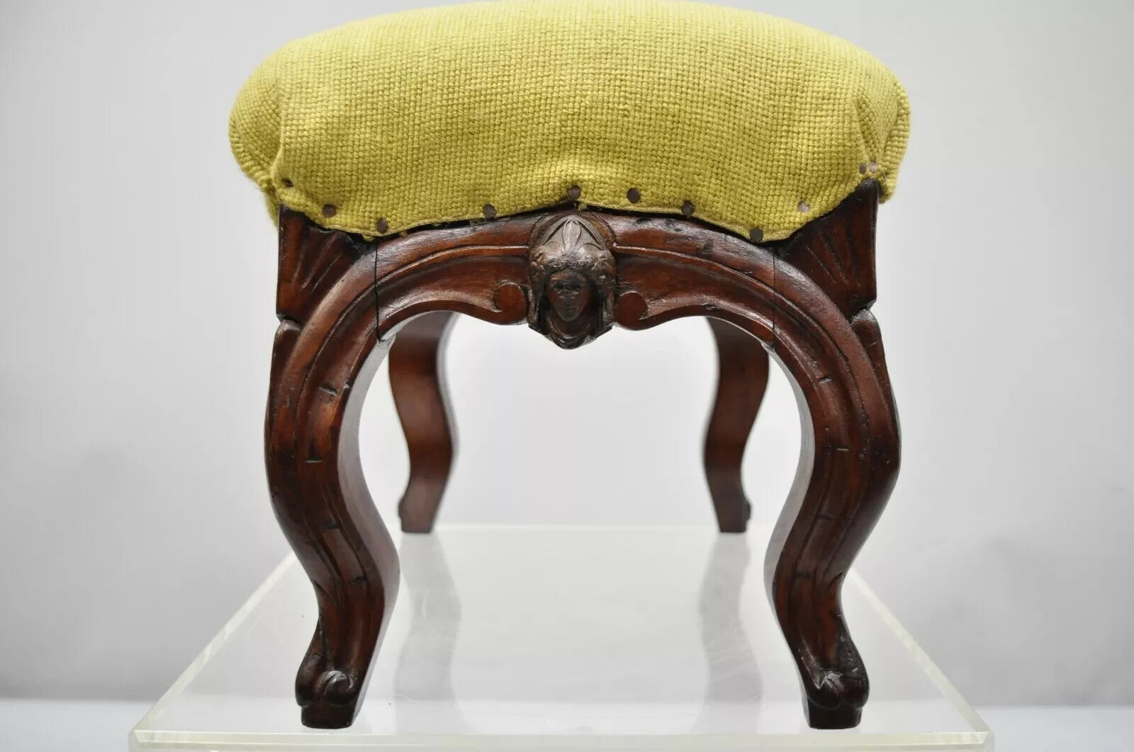 Antique Victorian Walnut Figural Lion Female Face Needlepoint Footstool Ottoman