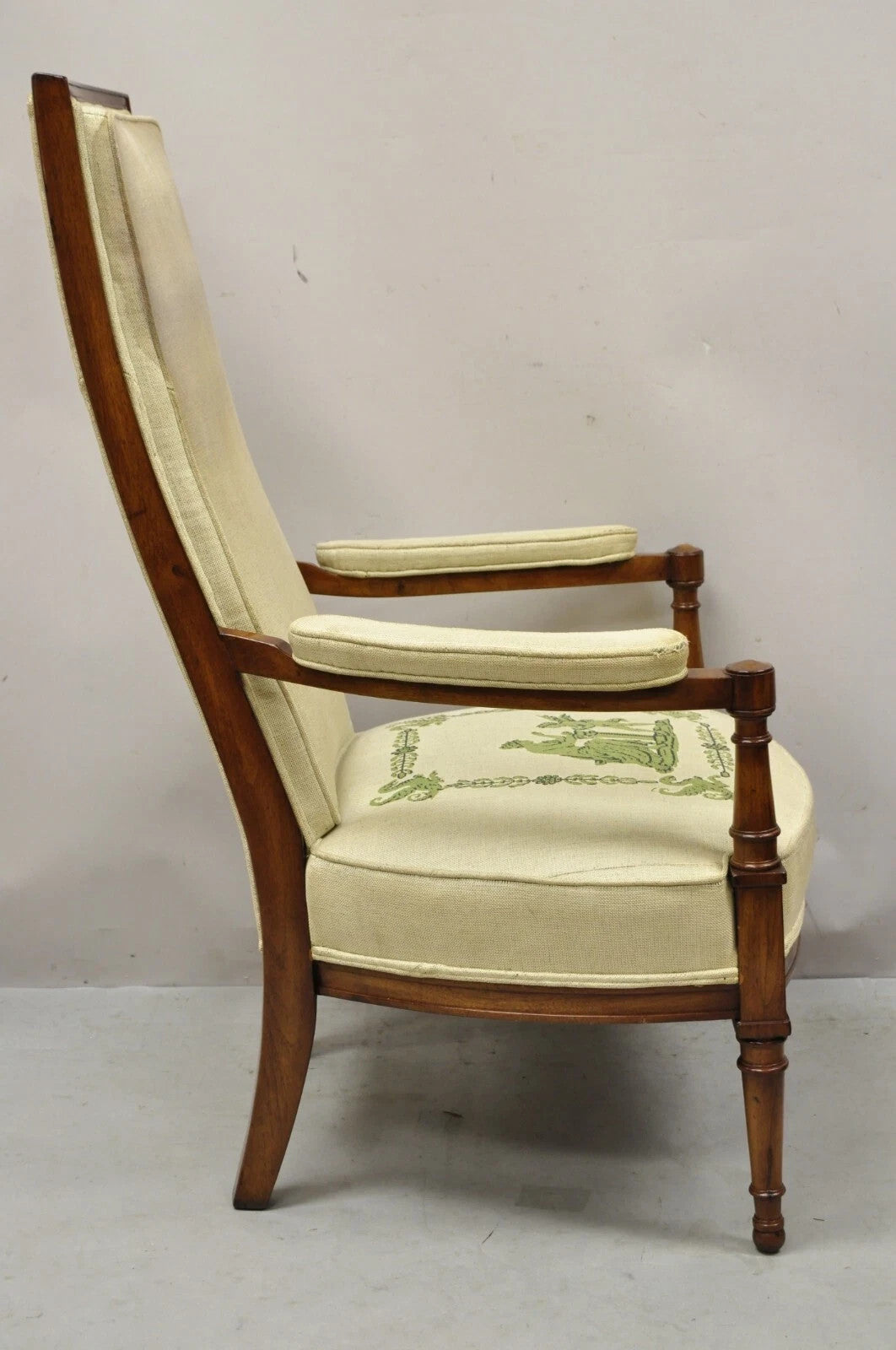 Vintage Italian Hollywood Regency Tall Back Upholstered Cherry Lounge Arm Chair