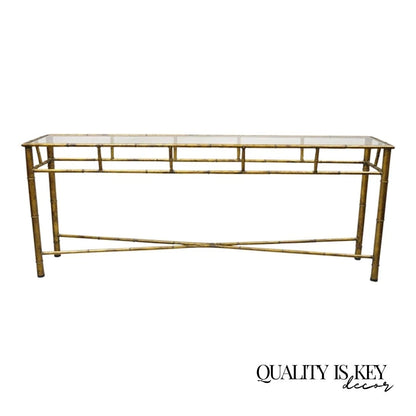 Vintage Italian Hollywood Regency Faux Bamboo Gold Gilt 72" Console Hall Table