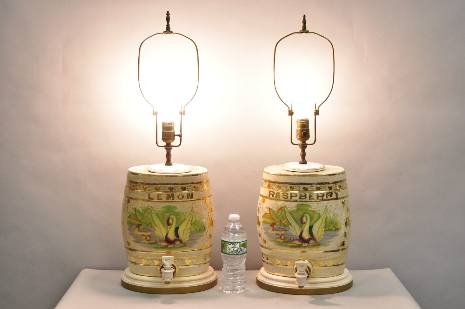 Antique Nichols Salford & Co Raspberry & Lemon Spirit Barrel Table Lamps a Pair