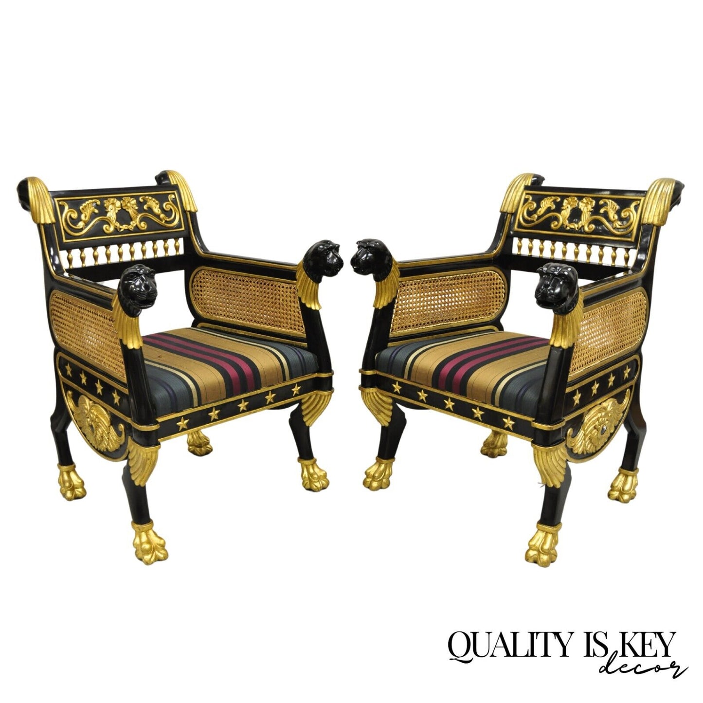 Egyptian Revival Regency Black Ebonized Gold Gilt Lion Head Throne Chairs - Pair