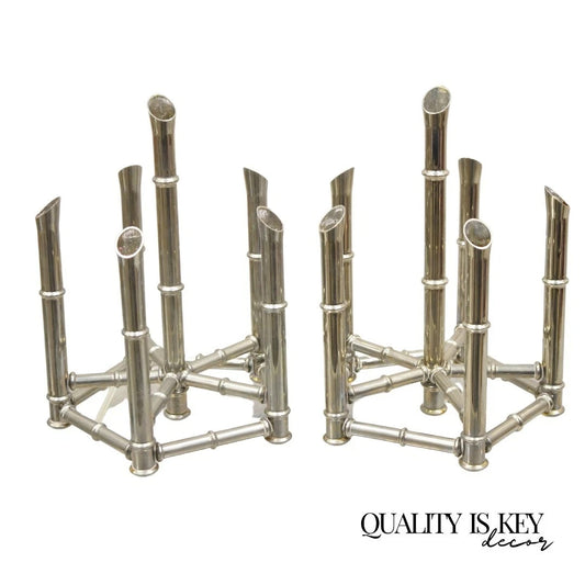 Vintage Hollywood Regency Silver Plated Chrome Faux Bamboo Candlesticks - a Pair