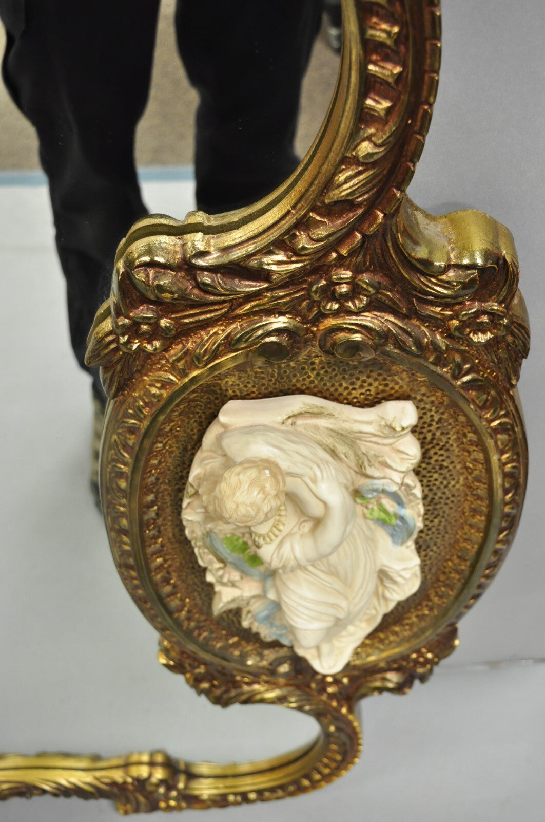 Vintage French Rococo Large Gold Wall Mirror with Bisque Figural Lovers Plaques