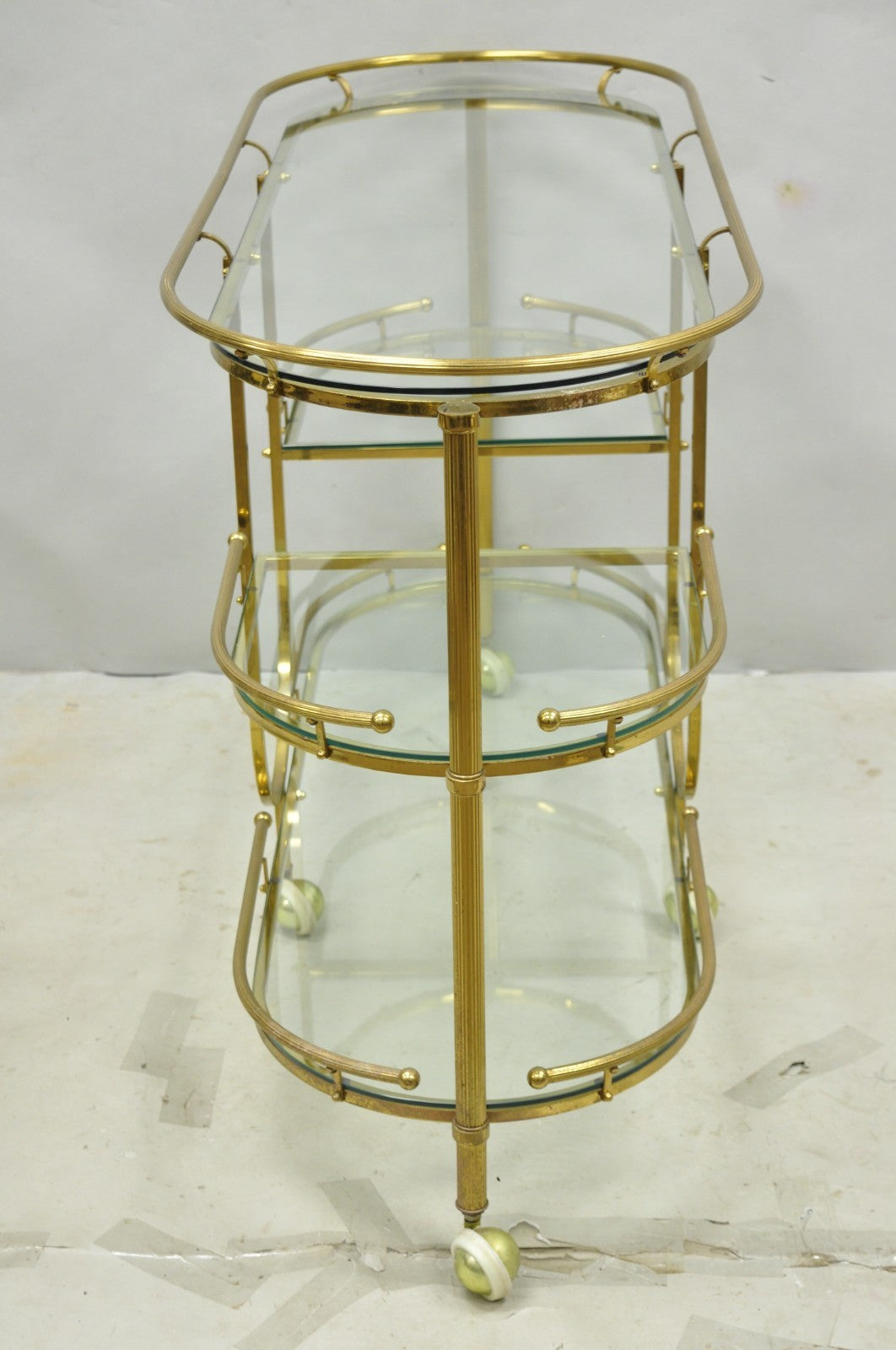 Vintage Mid Century Modern Brass 3 Tier Oval Frame Rolling Bar Cart Server Table
