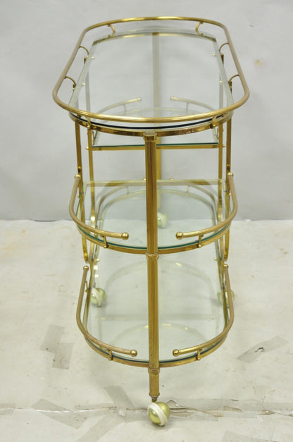 Vintage Mid Century Modern Brass 3 Tier Oval Frame Rolling Bar Cart Server Table
