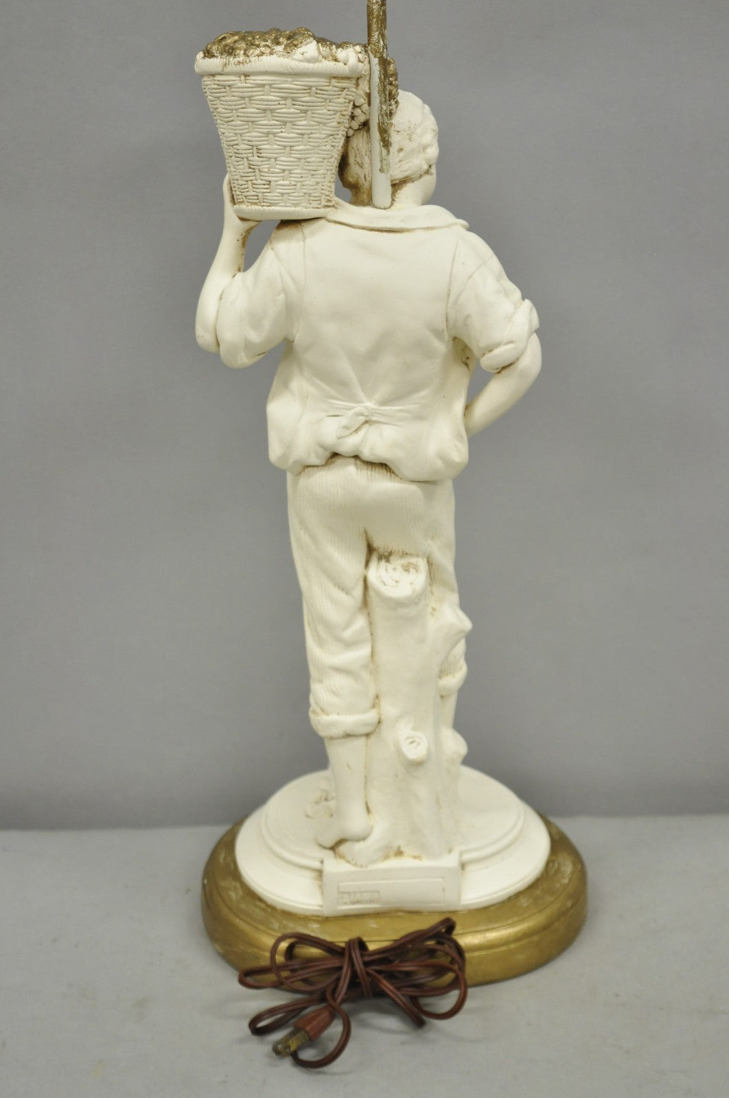 Vintage French Style White Painted Metal Figural Boy w Flower Basket Table Lamp