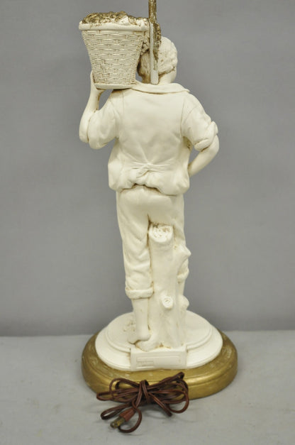 Vintage French Style White Painted Metal Figural Boy w Flower Basket Table Lamp