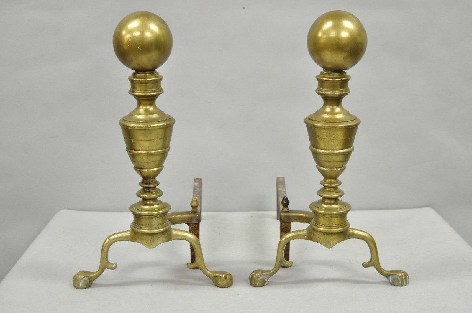 Antique English Victorian Brass Cannonball Ball and Claw Fireplace Andirons Pair