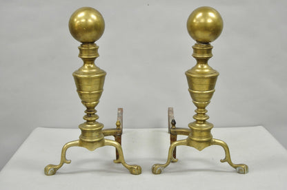 Antique English Victorian Brass Cannonball Ball and Claw Fireplace Andirons Pair