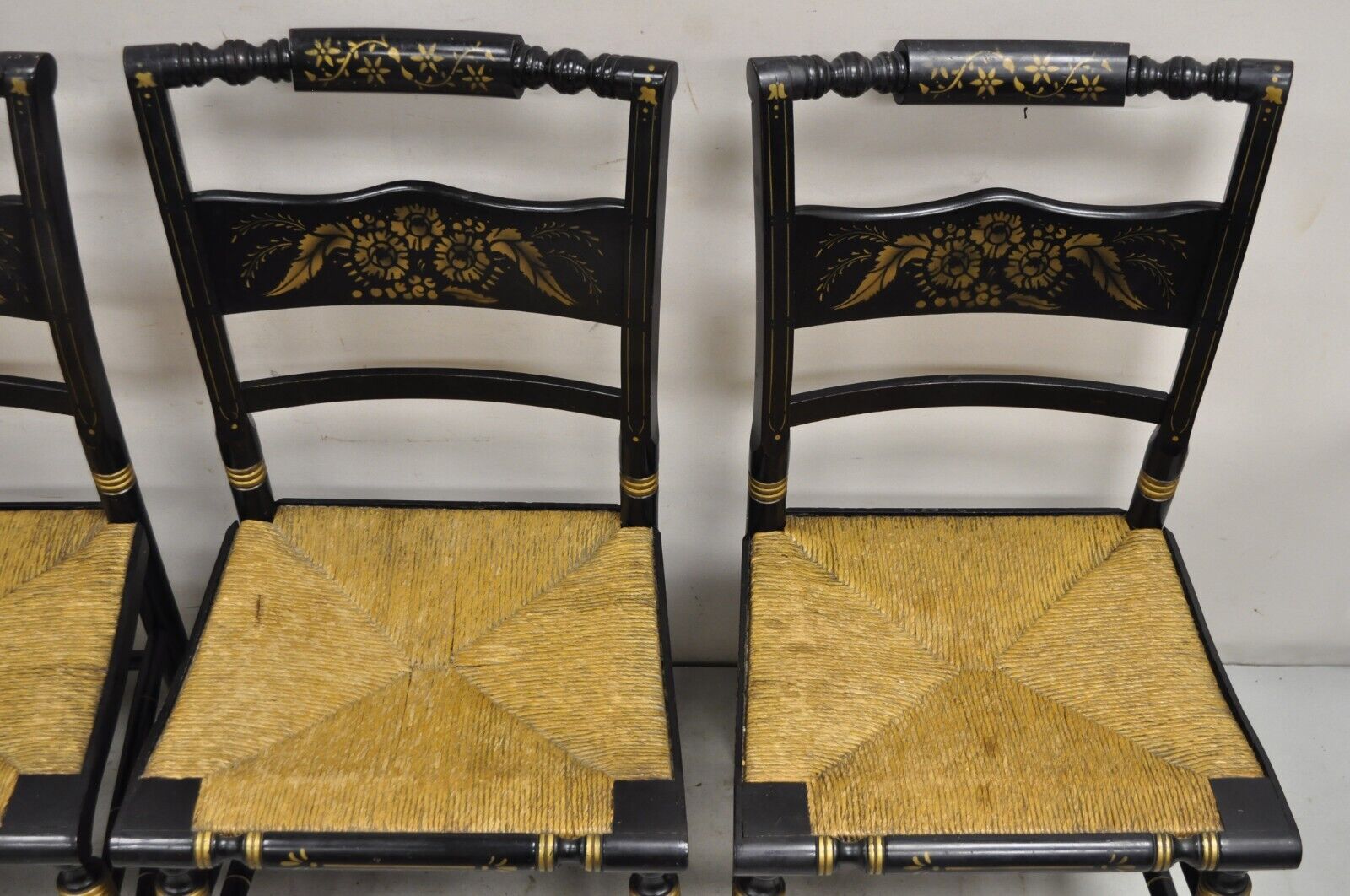 Antique Hitchcock Style Black Lacquer Stencil Rush Seat Dining Chairs - Set of 4