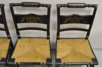 Antique Hitchcock Style Black Lacquer Stencil Rush Seat Dining Chairs - Set of 4