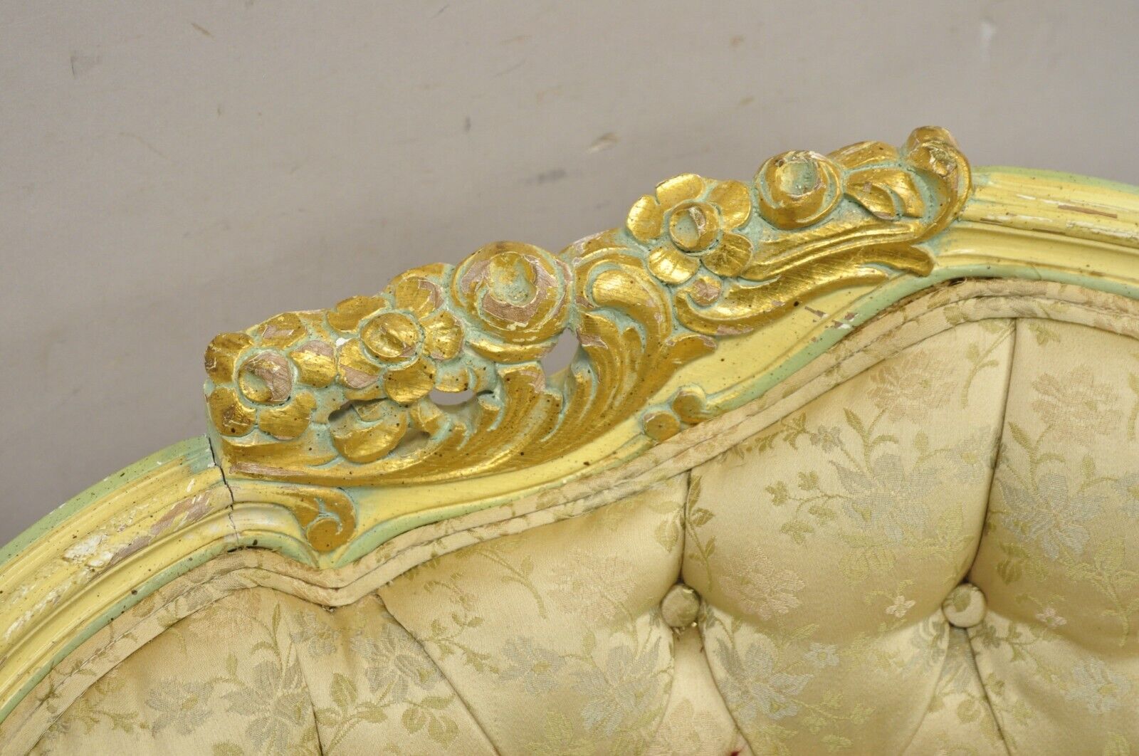 Vintage French Louis XV Rococo Style Yellow & Green Settee Loveseat Sofa