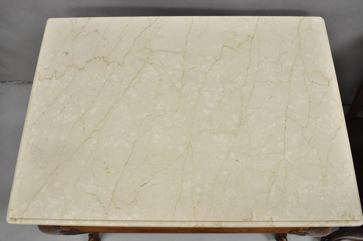 French Country Provincial Rectangle Travertine Marble Top Walnut End Table Pair