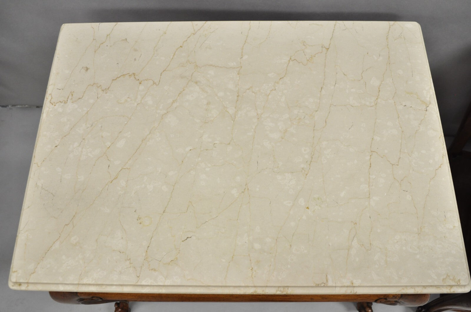 French Country Provincial Rectangle Travertine Marble Top Walnut End Table Pair