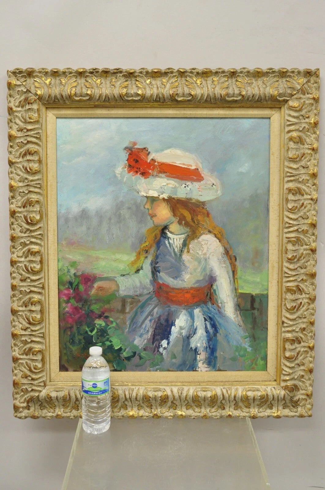 Zaza Meuli (b. 1892) Oil on Canvas Impressionist Painting Girl in Hat Orange Bow