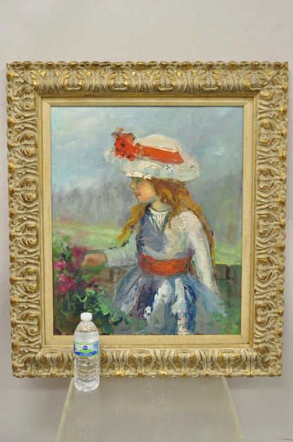 Zaza Meuli (b. 1892) Oil on Canvas Impressionist Painting Girl in Hat Orange Bow