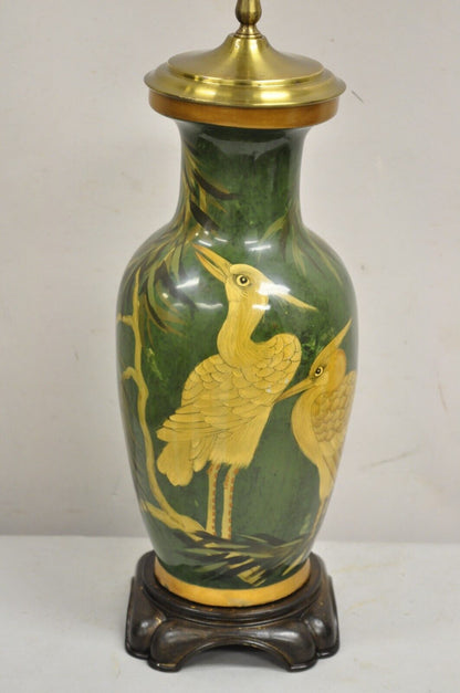 Vintage Chinoiserie Green Porcelain Jardiniere Table Lamp w/ Birds by Wildwood